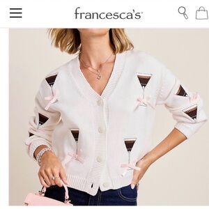 Francesca's Collections Cream Cardigan with Pink Bow Details